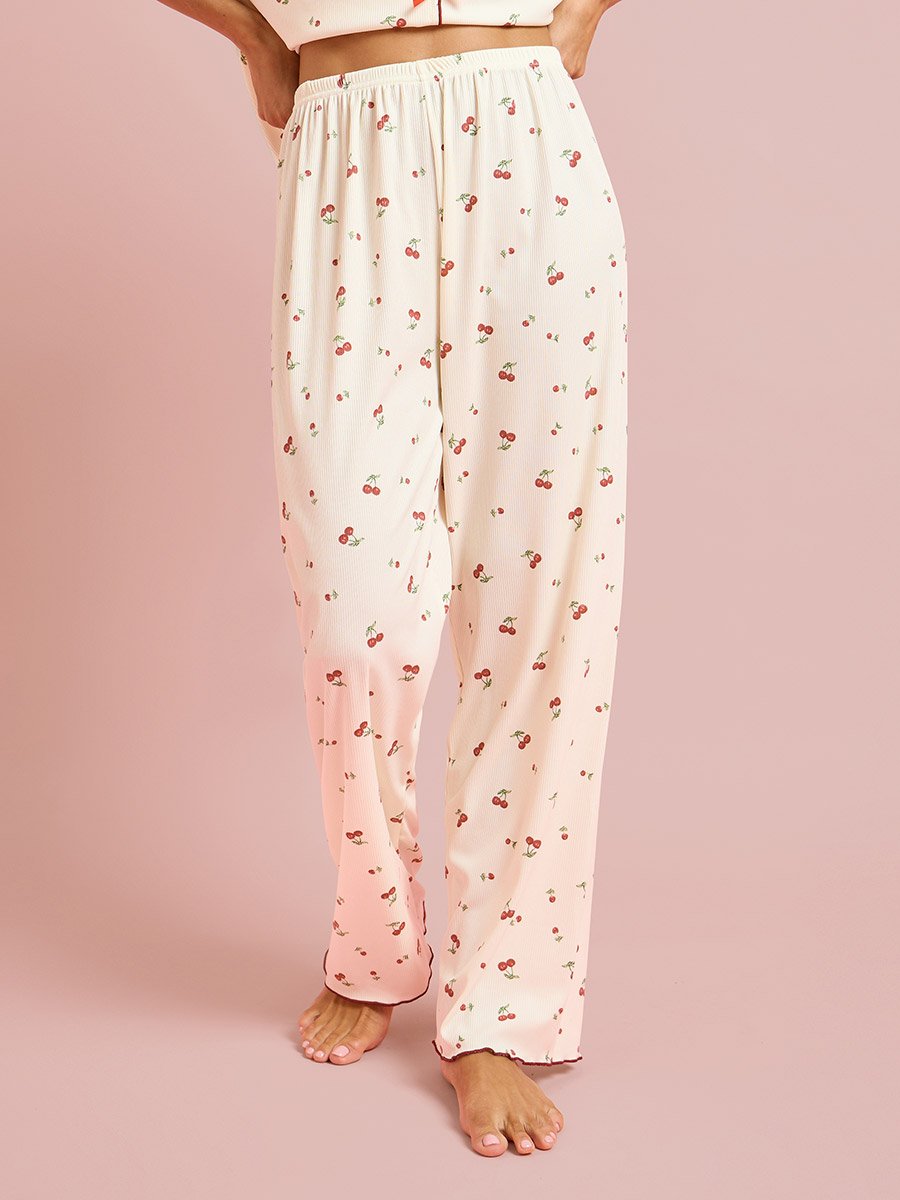 Yellow Cherry Print Short Sleeve Top and Pyjama Set