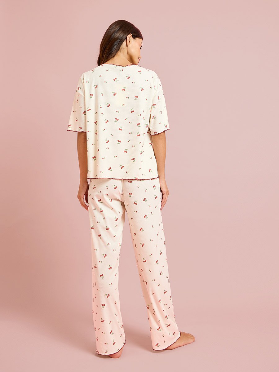 Yellow Cherry Print Short Sleeve Top and Pyjama Set