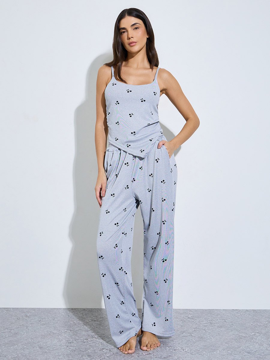 Grey Cherry Print Sleeveless Cami and Pyjama Set