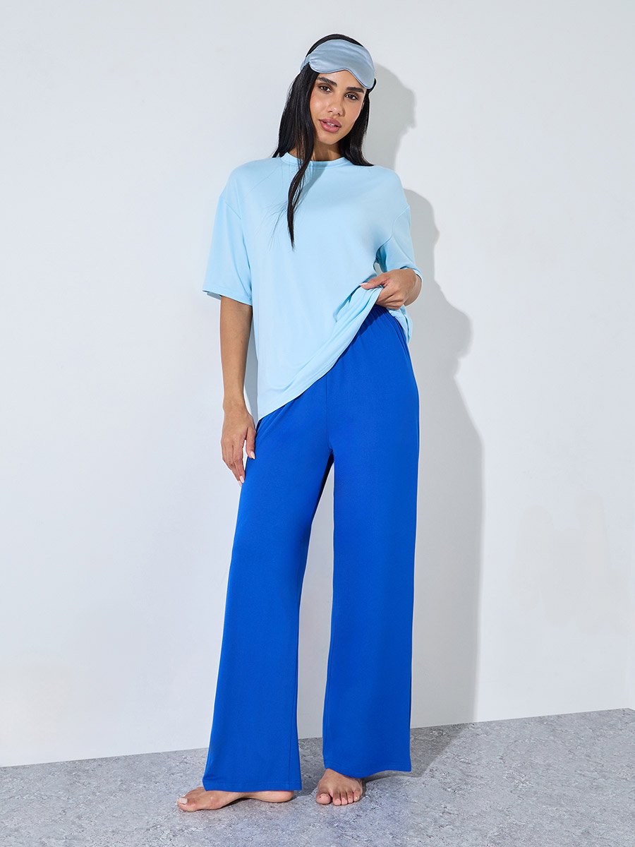 Blue Solid Short Sleeves T-Shirt and Wide Leg Pants Pyjama Set