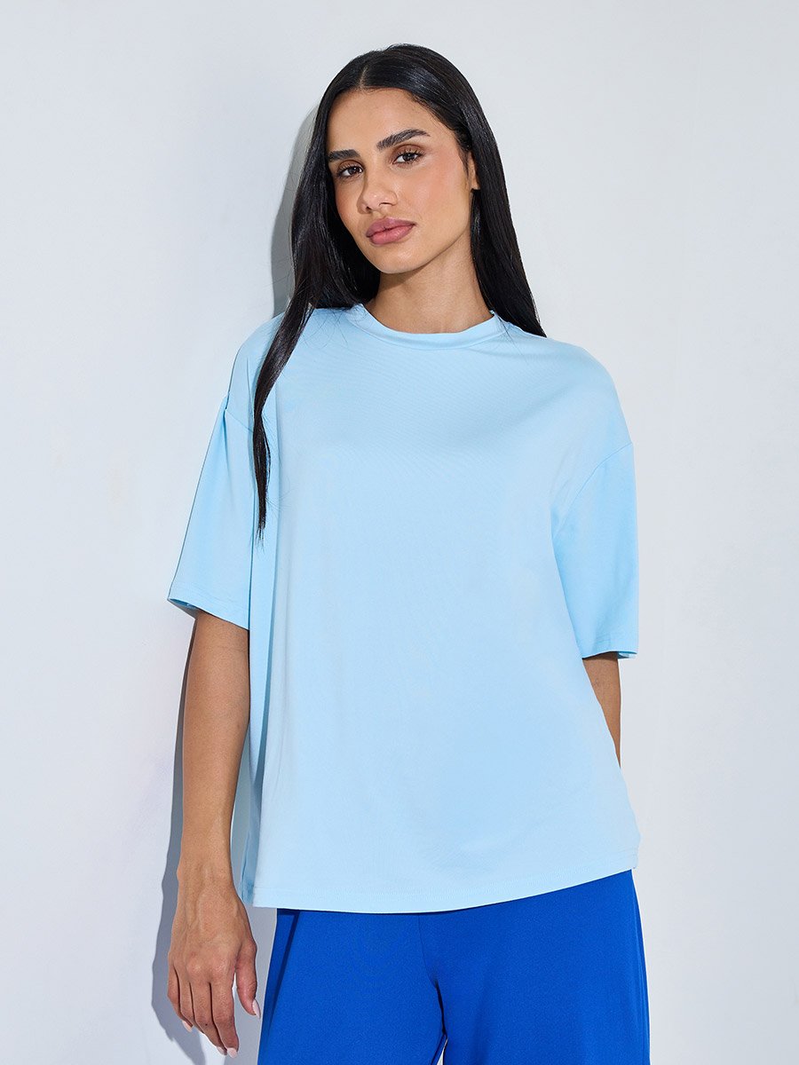Blue Solid Short Sleeves T-Shirt and Wide Leg Pants Pyjama Set