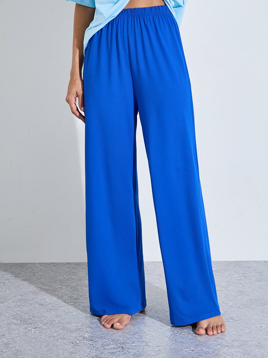 Blue Solid Short Sleeves T-Shirt and Wide Leg Pants Pyjama Set