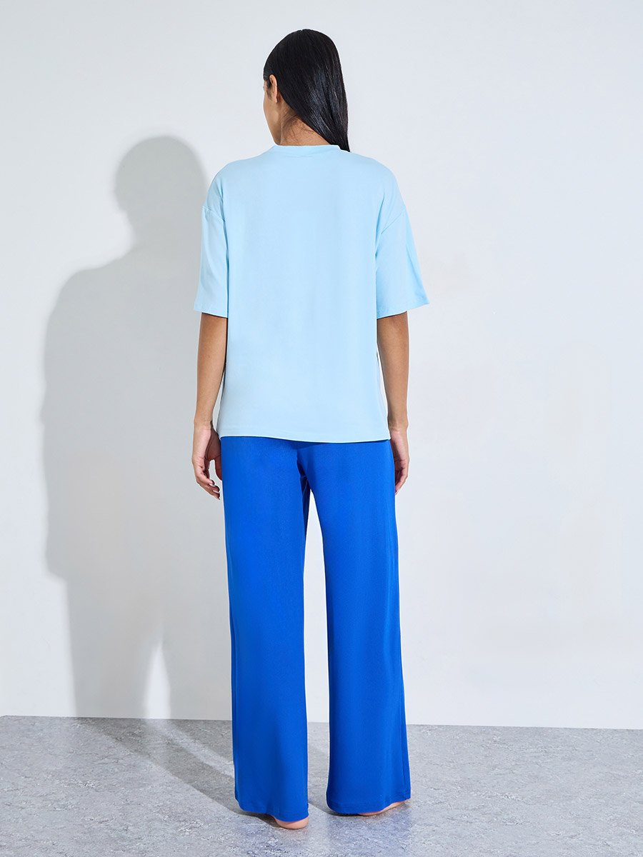 Blue Solid Short Sleeves T-Shirt and Wide Leg Pants Pyjama Set