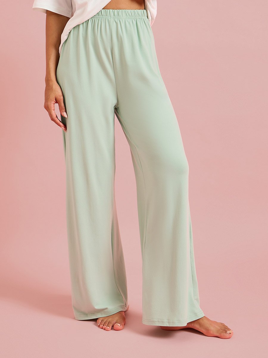 Color Block Solid T-Shirt and Wide leg Pants Pyjama Set