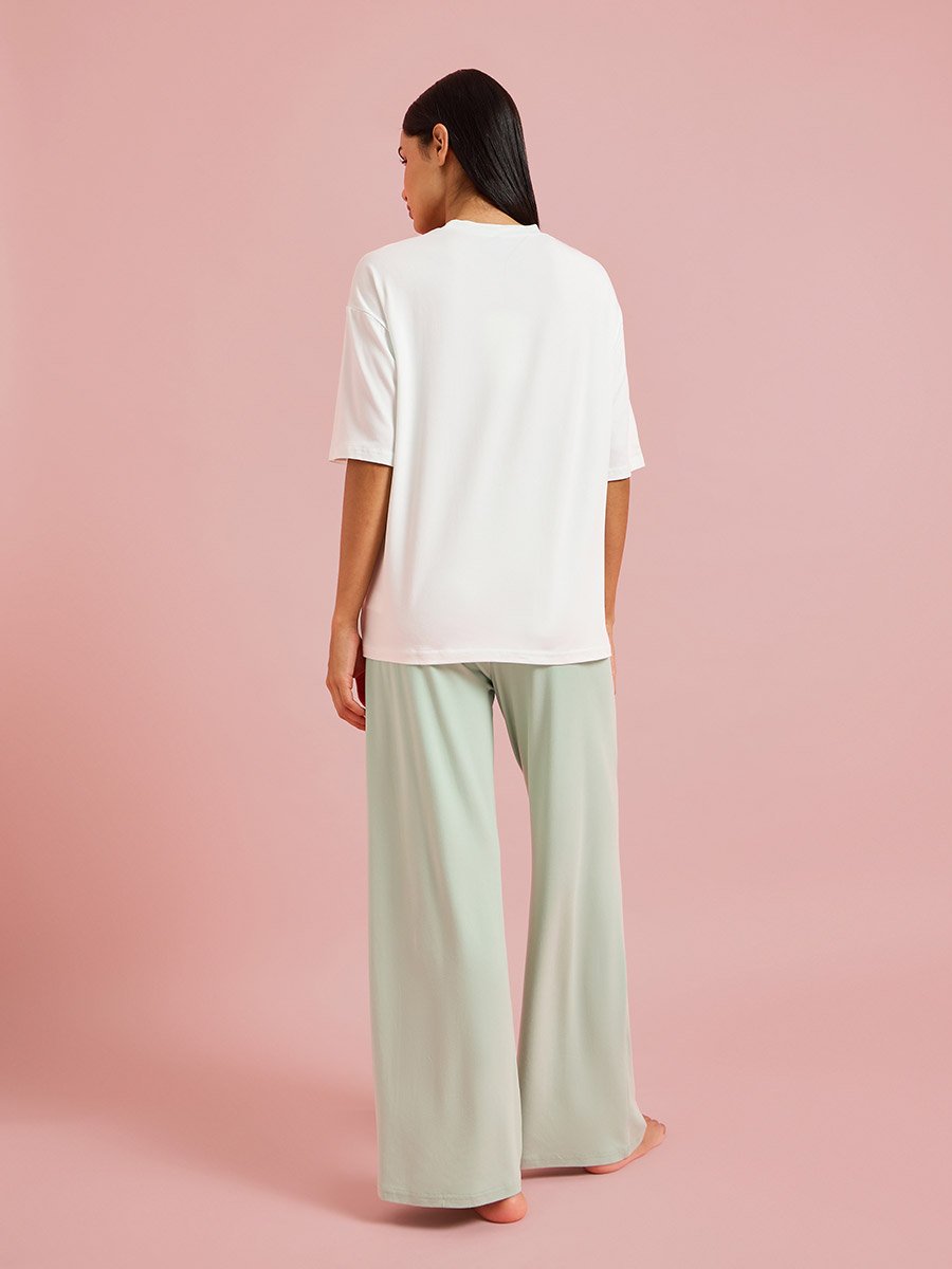 Color Block Solid T-Shirt and Wide leg Pants Pyjama Set
