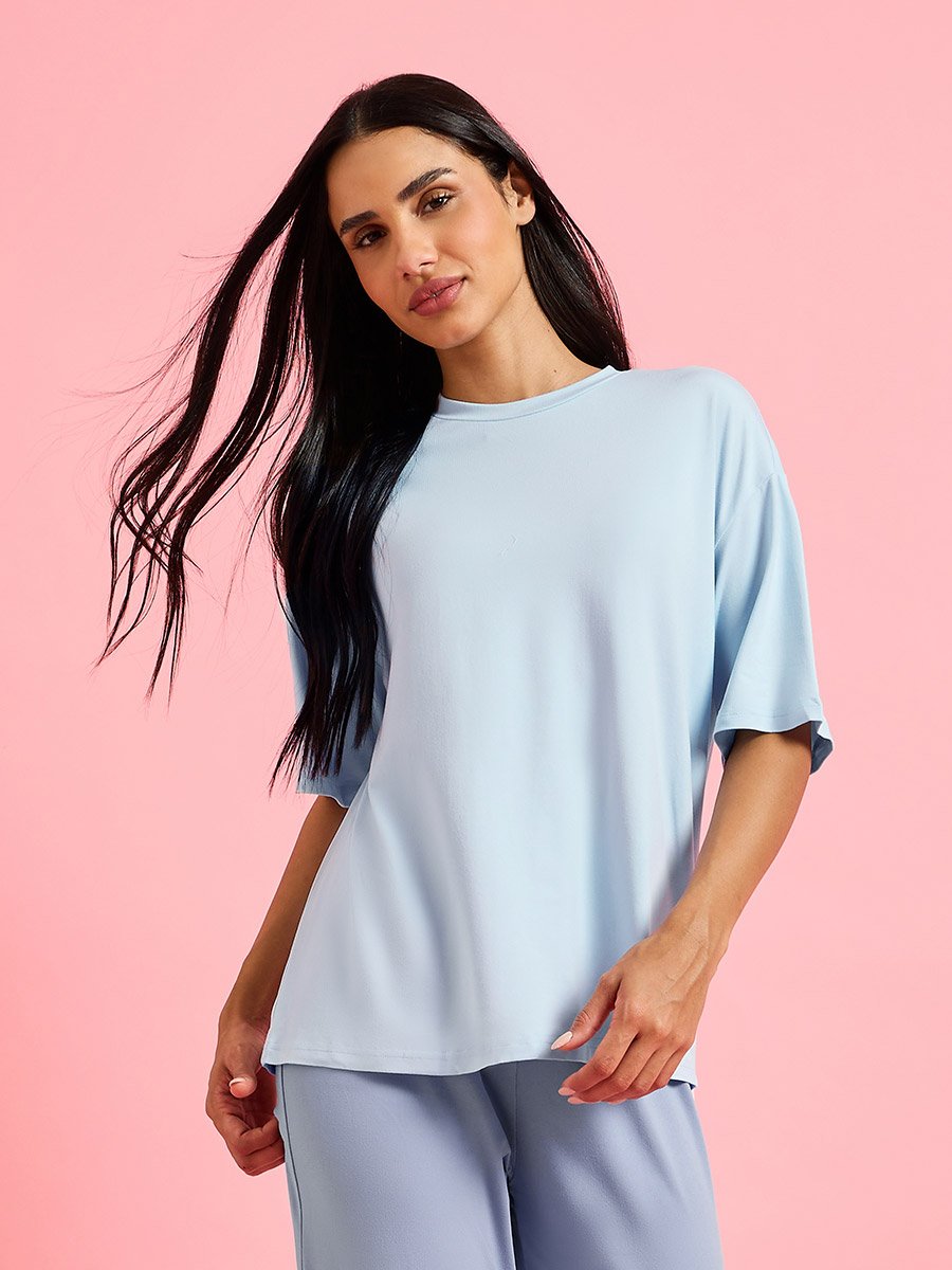 Color Block Solid Short Sleeves T-Shirt and Wide Leg Pants Pyjama Set