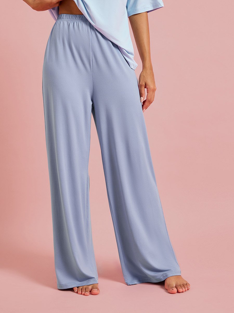 Color Block Solid Short Sleeves T-Shirt and Wide Leg Pants Pyjama Set