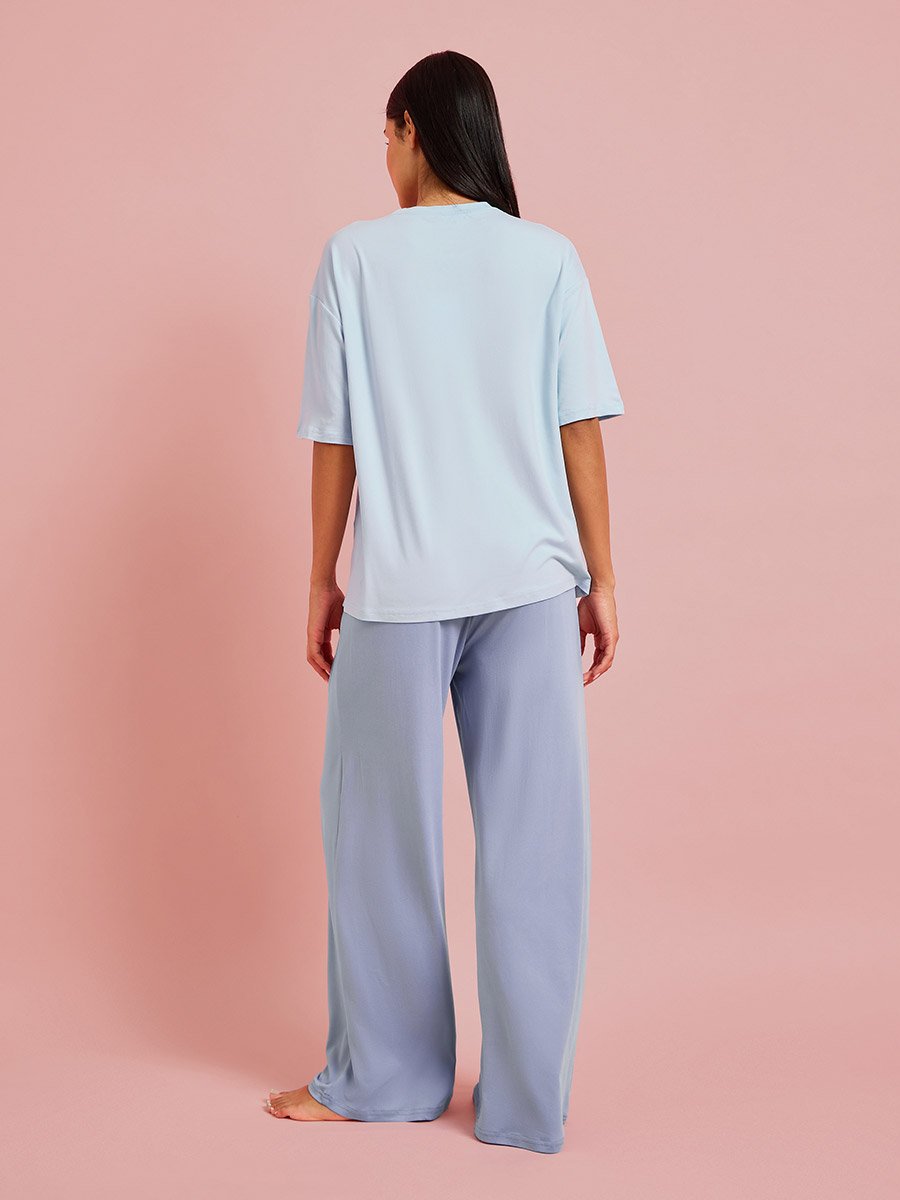 Color Block Solid Short Sleeves T-Shirt and Wide Leg Pants Pyjama Set