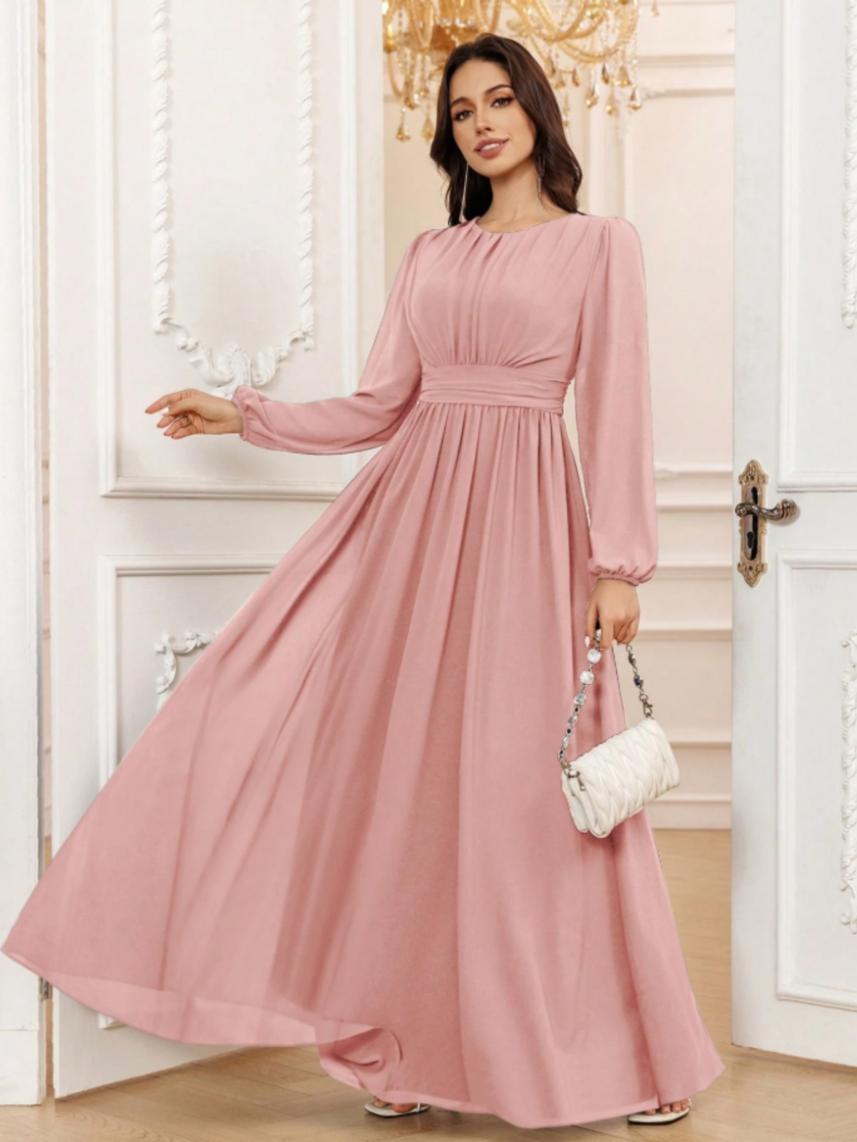 Peach A-Line Maxi Dress with Long Sleeves - Perfect for Daytime