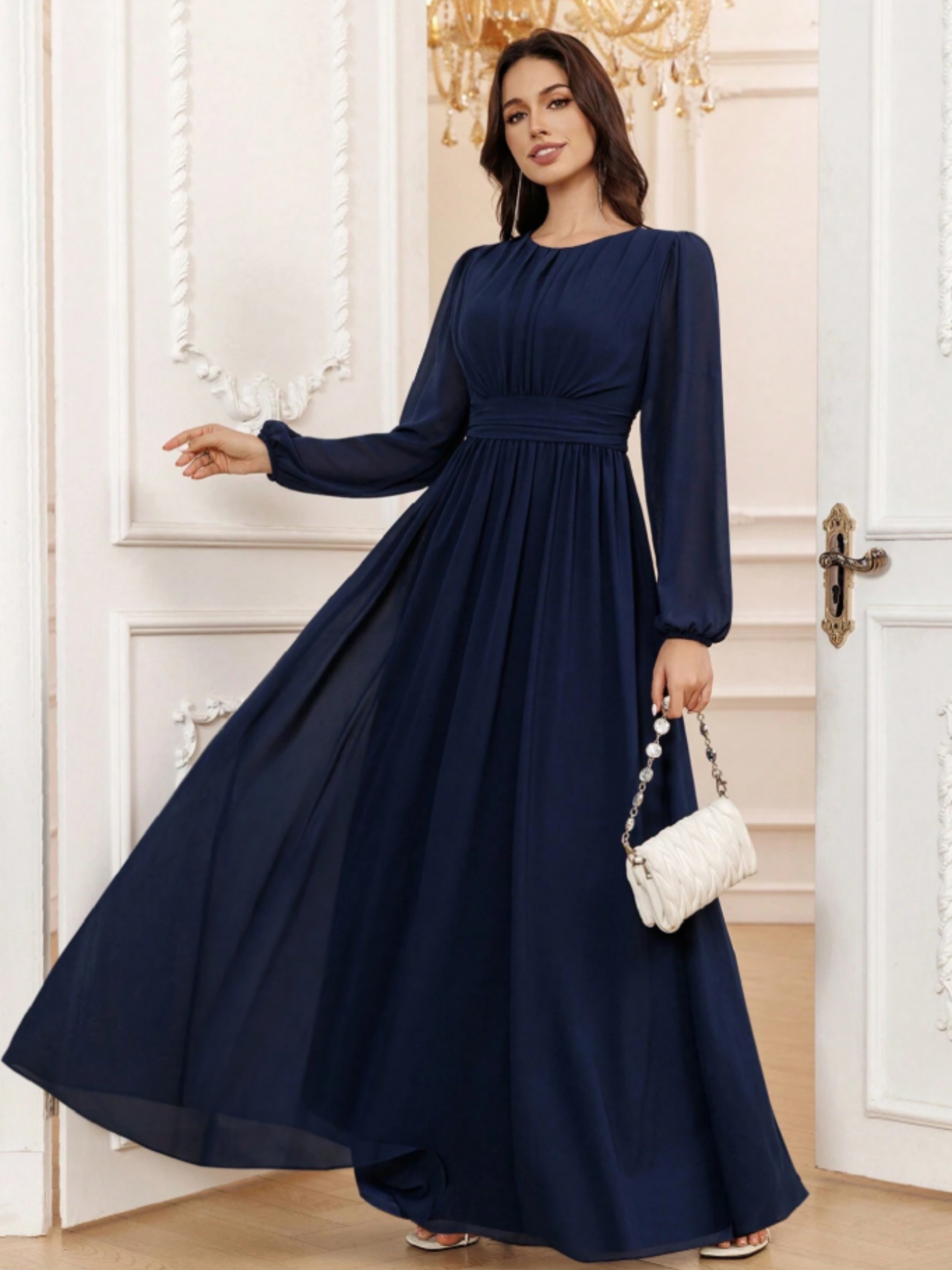 Navy Blue A-Line Maxi Dress with Long Sleeves