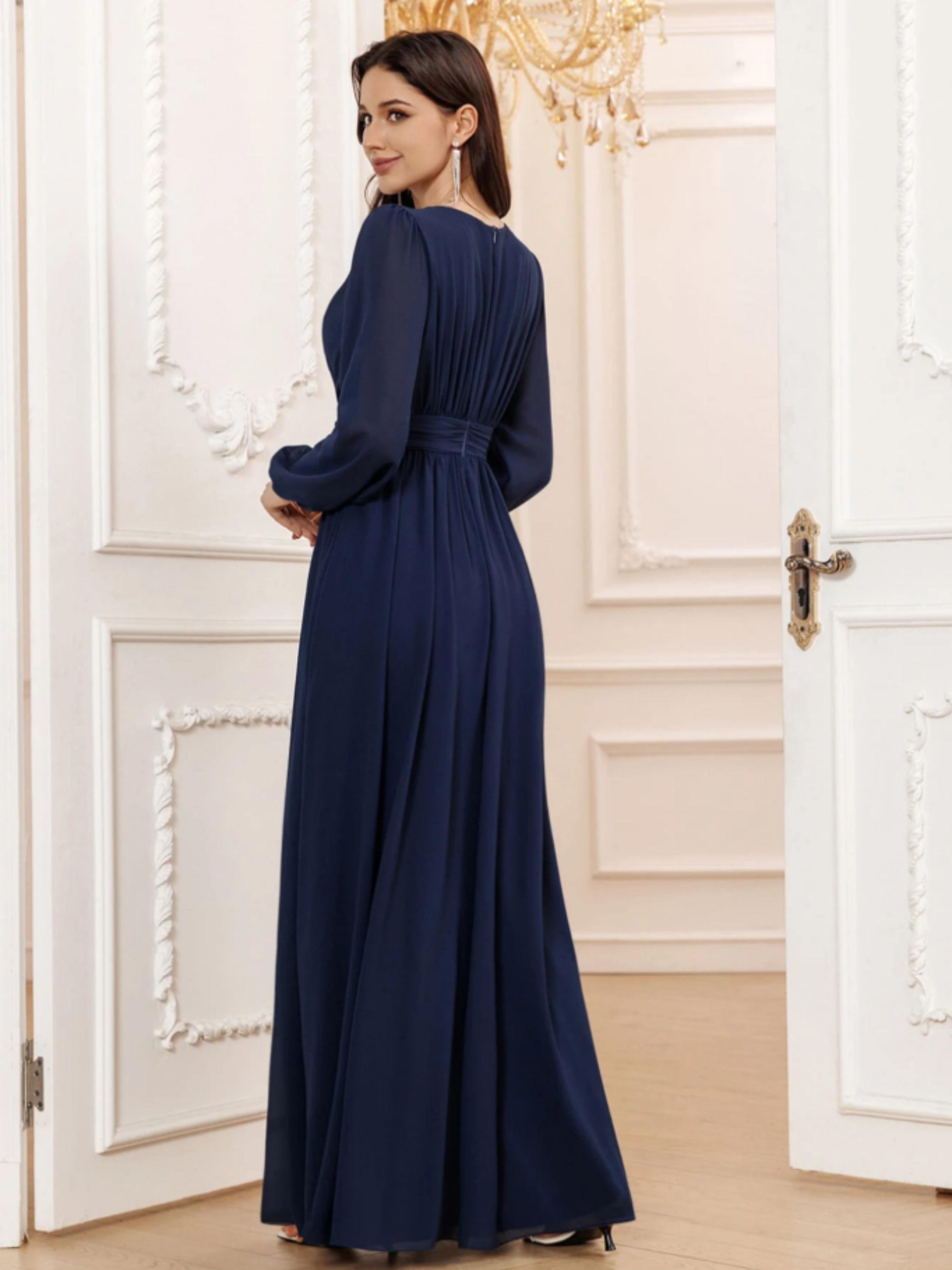 Navy Blue A-Line Maxi Dress with Long Sleeves