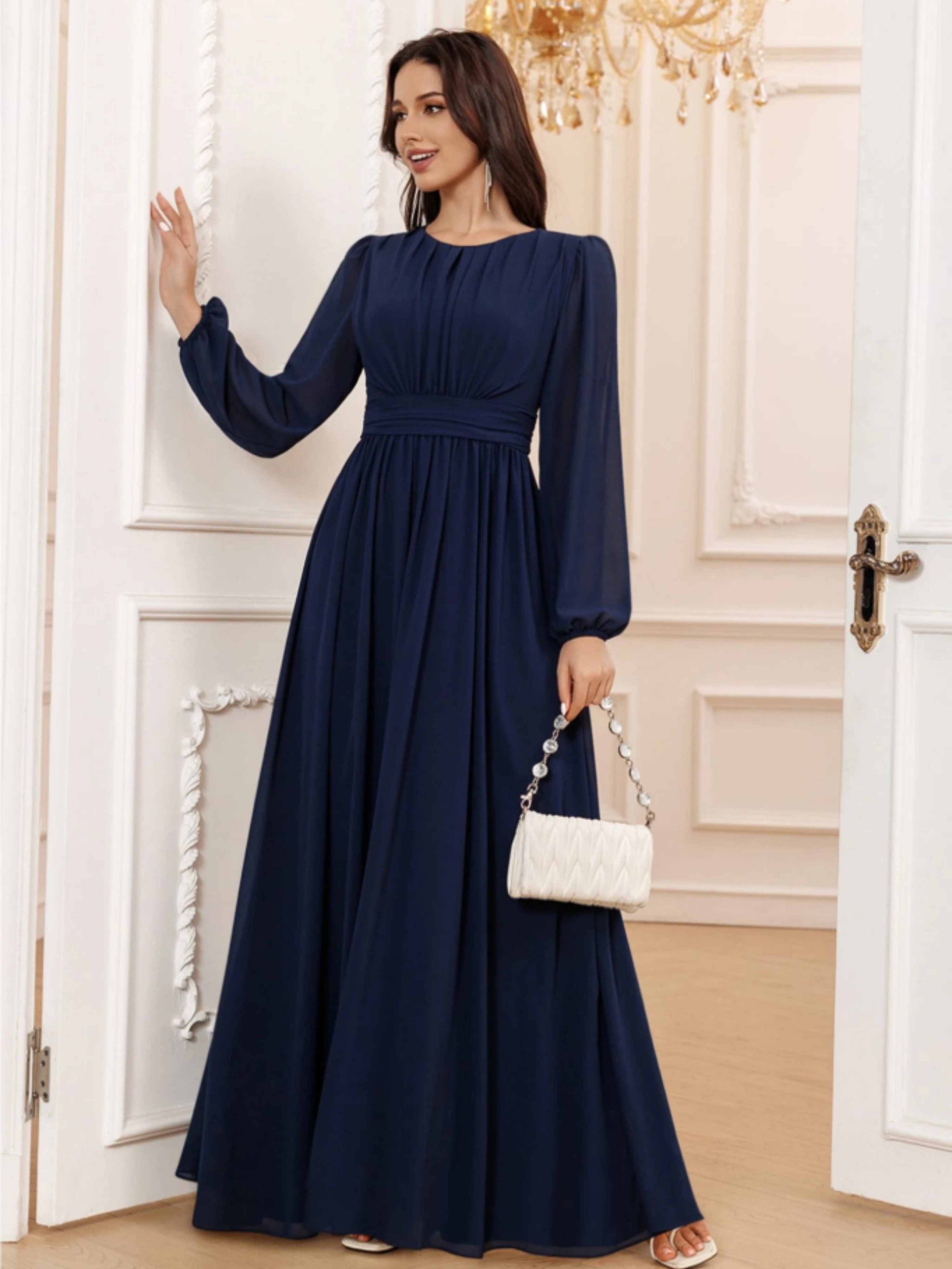 Navy Blue A-Line Maxi Dress with Long Sleeves