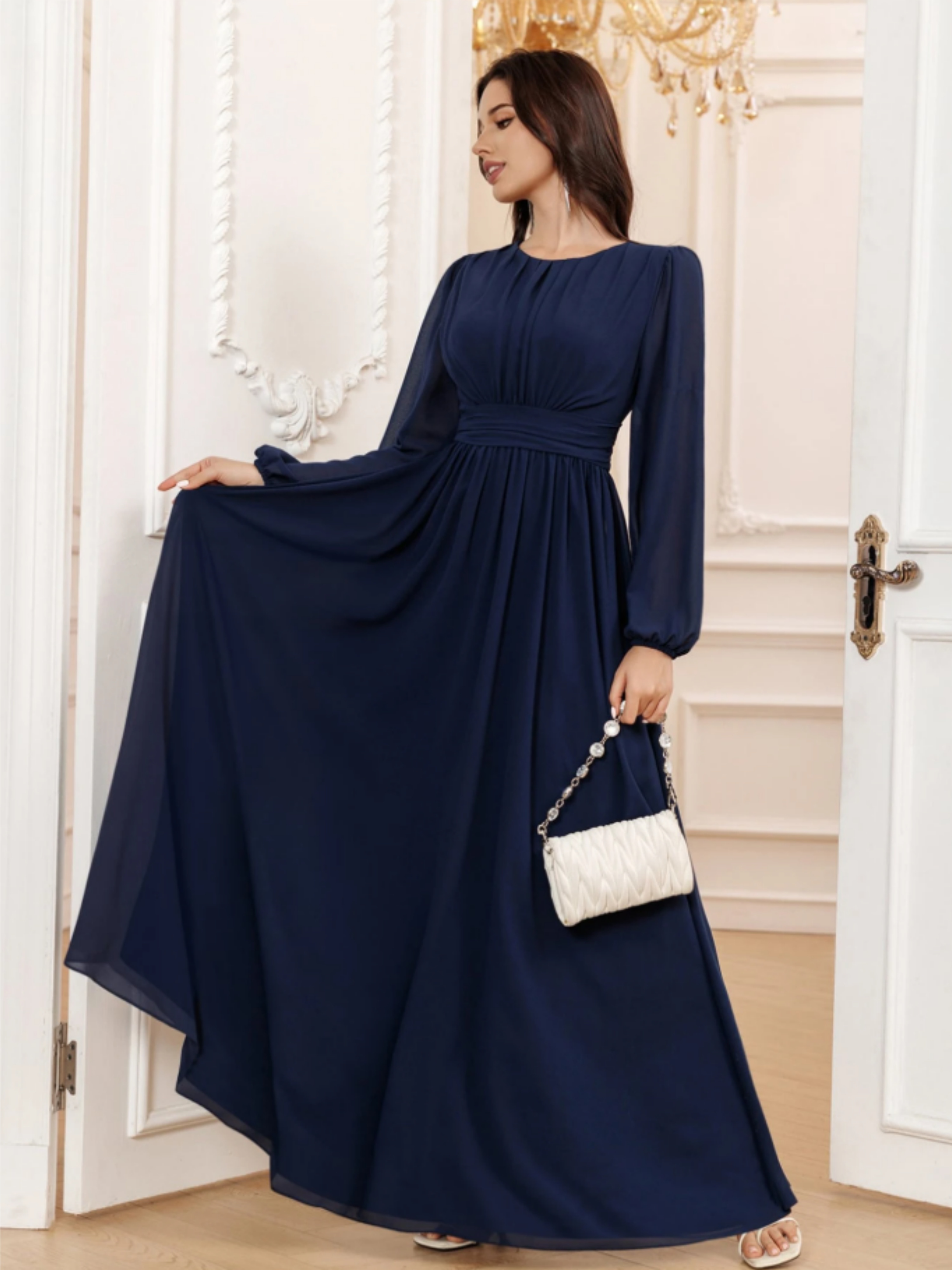 Navy Blue A-Line Maxi Dress with Long Sleeves