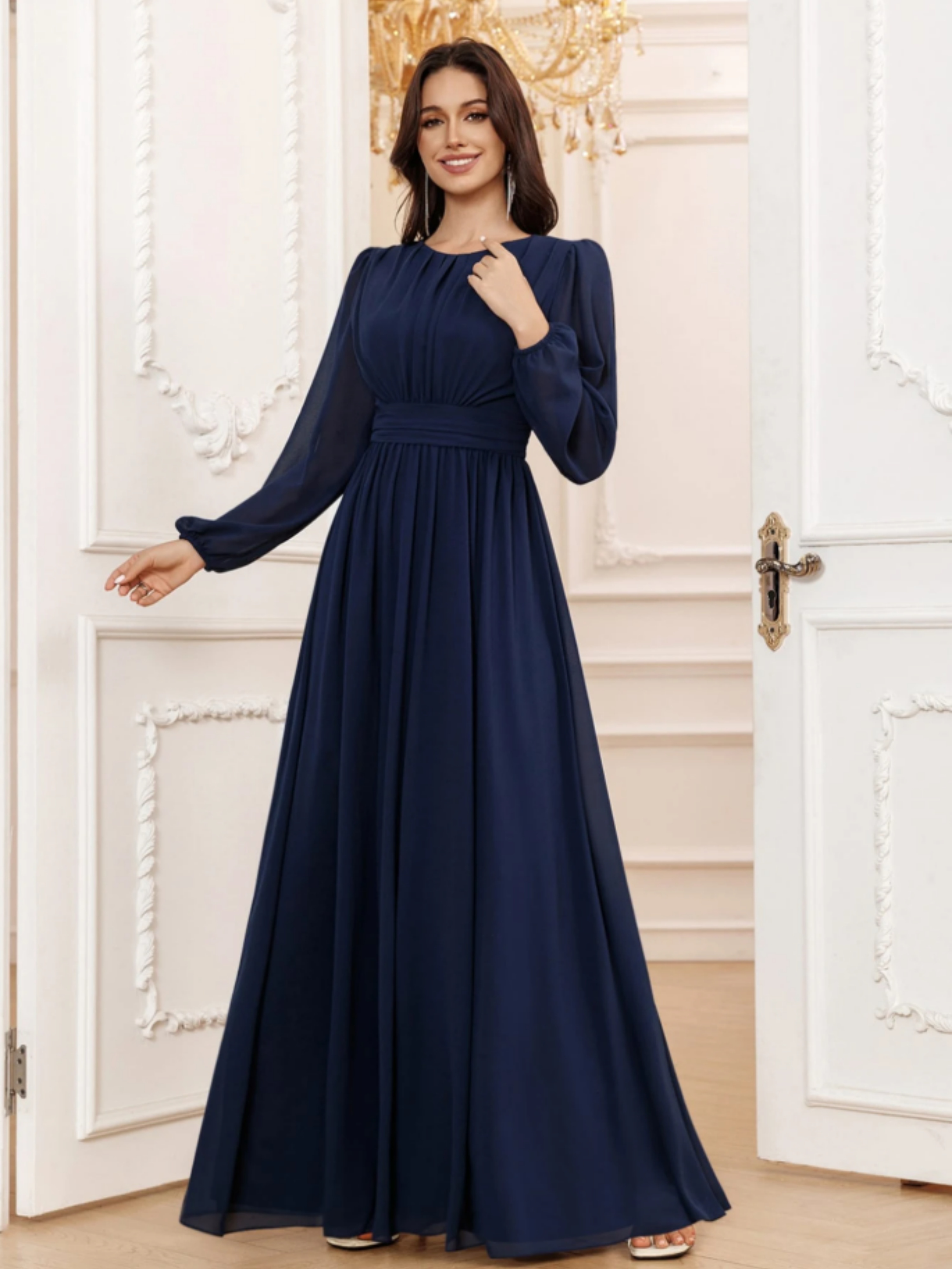 Navy Blue A-Line Maxi Dress with Long Sleeves