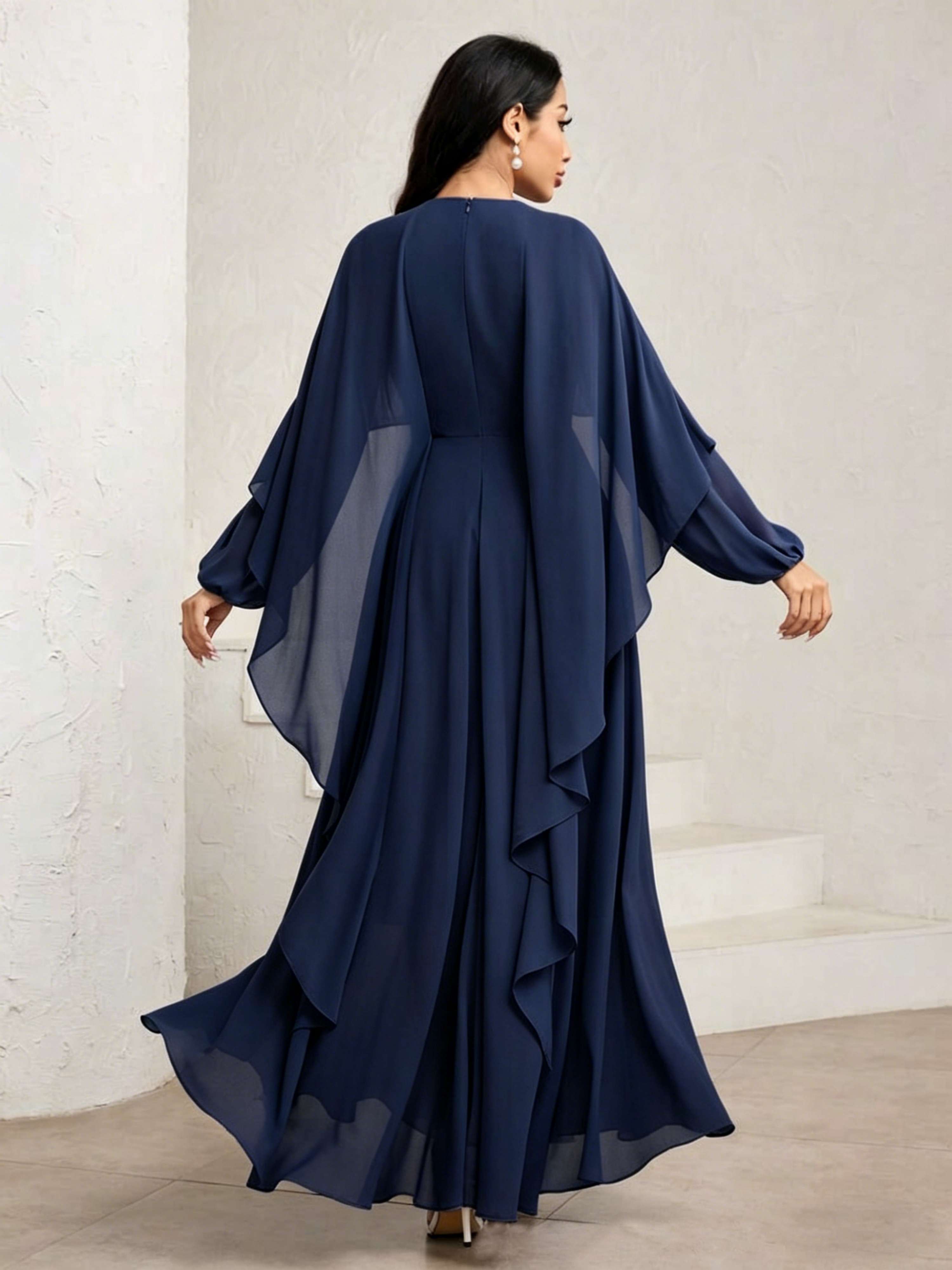 Navy Blue Maxi Dress with Cape Overlay and Long Sleeves
