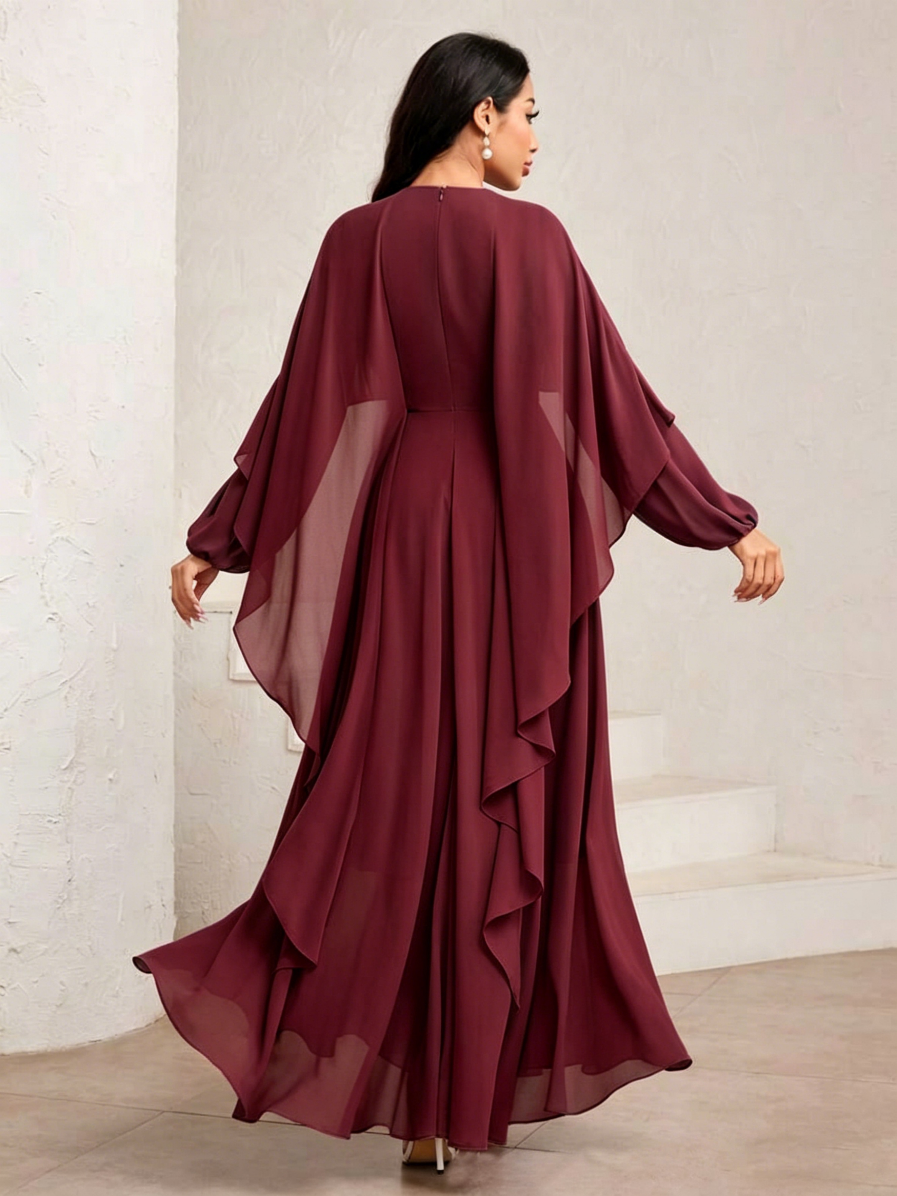 Maroon Cape Maxi Dress with Bishop Sleeves