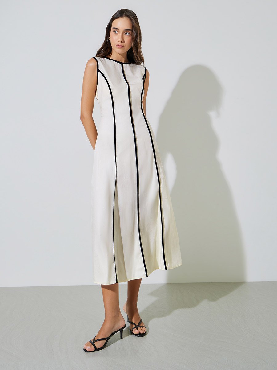 Beige Sleeveless A-Line Midi Dress