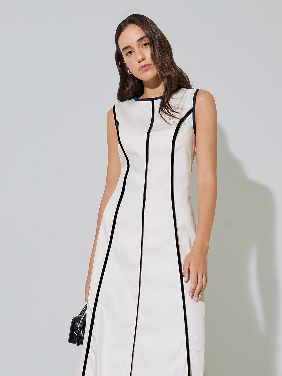 Beige Sleeveless A-Line Midi Dress