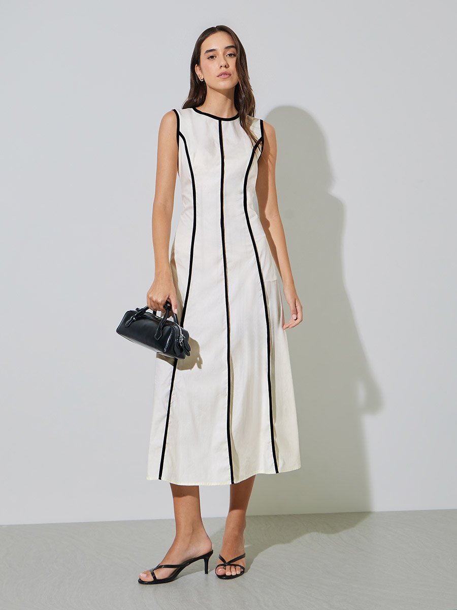 Beige Sleeveless A-Line Midi Dress