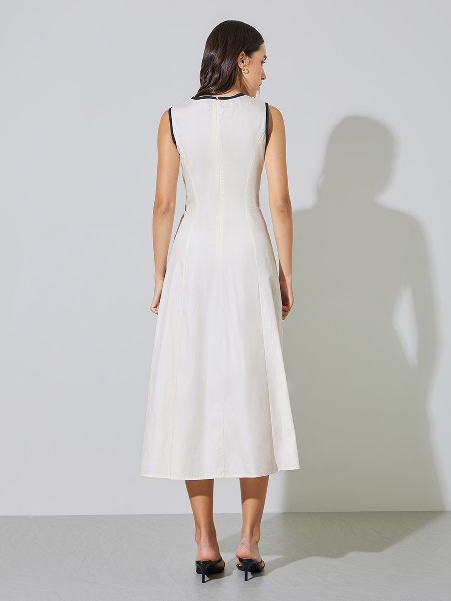 Beige Sleeveless A-Line Midi Dress