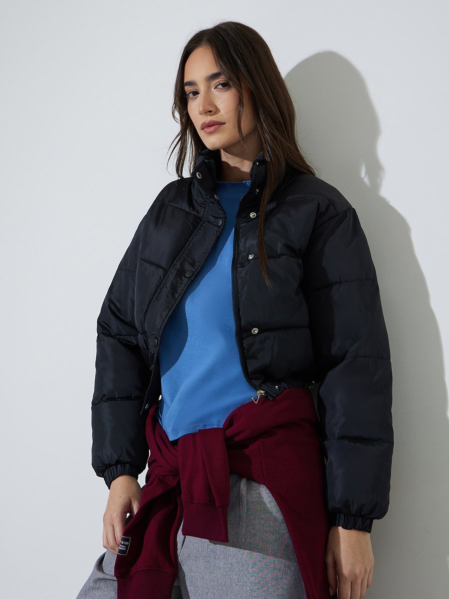 Black Solid High Neck Regular Fit Padded jacket