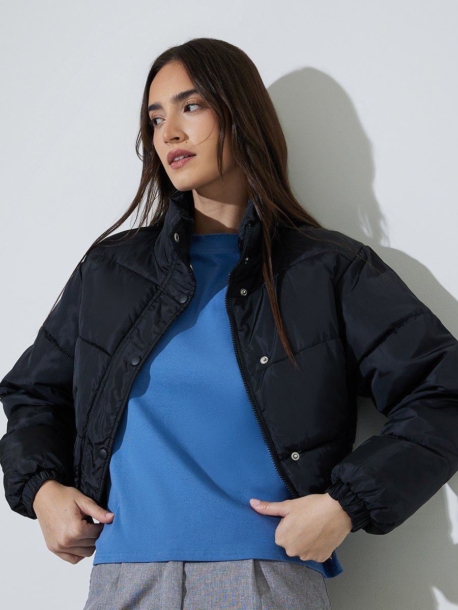 Black Solid High Neck Regular Fit Padded jacket