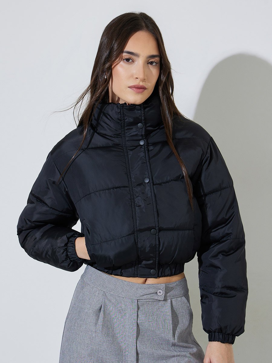 Black Solid High Neck Regular Fit Padded jacket