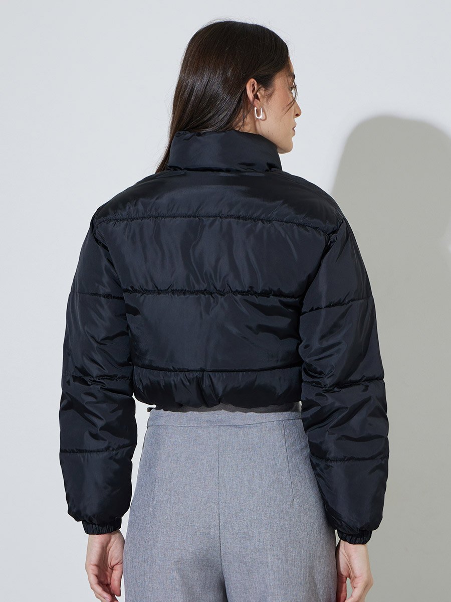 Black Solid High Neck Regular Fit Padded jacket