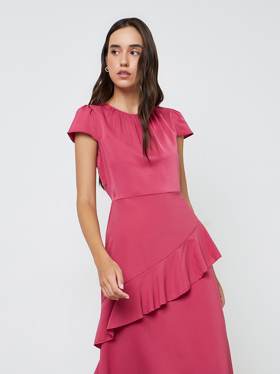 Red Plain Midi A-Line Dress with Short Sleeves