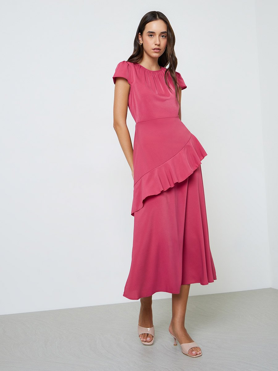 Red Plain Midi A-Line Dress with Short Sleeves