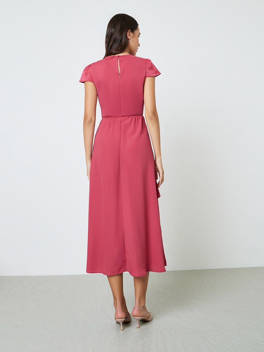 Red Plain Midi A-Line Dress with Short Sleeves
