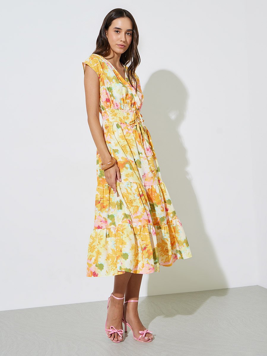 Multi-Color Floral A-Line Midi Dress with Short Sleeves