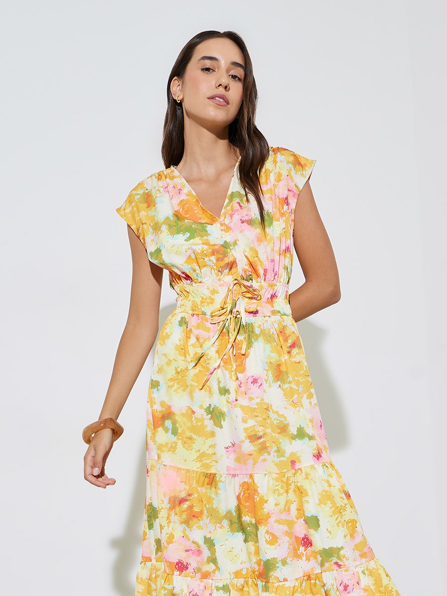 Multi-Color Floral A-Line Midi Dress with Short Sleeves