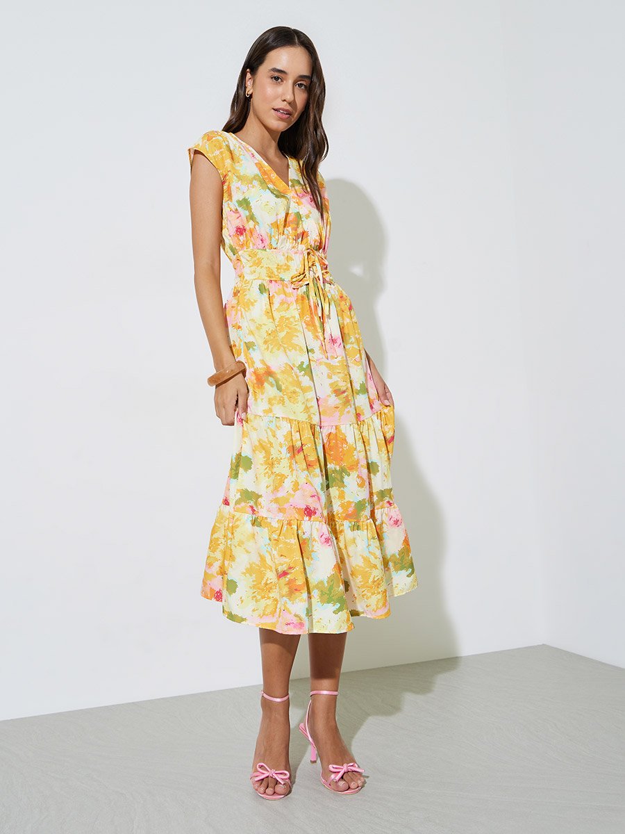 Multi-Color Floral A-Line Midi Dress with Short Sleeves