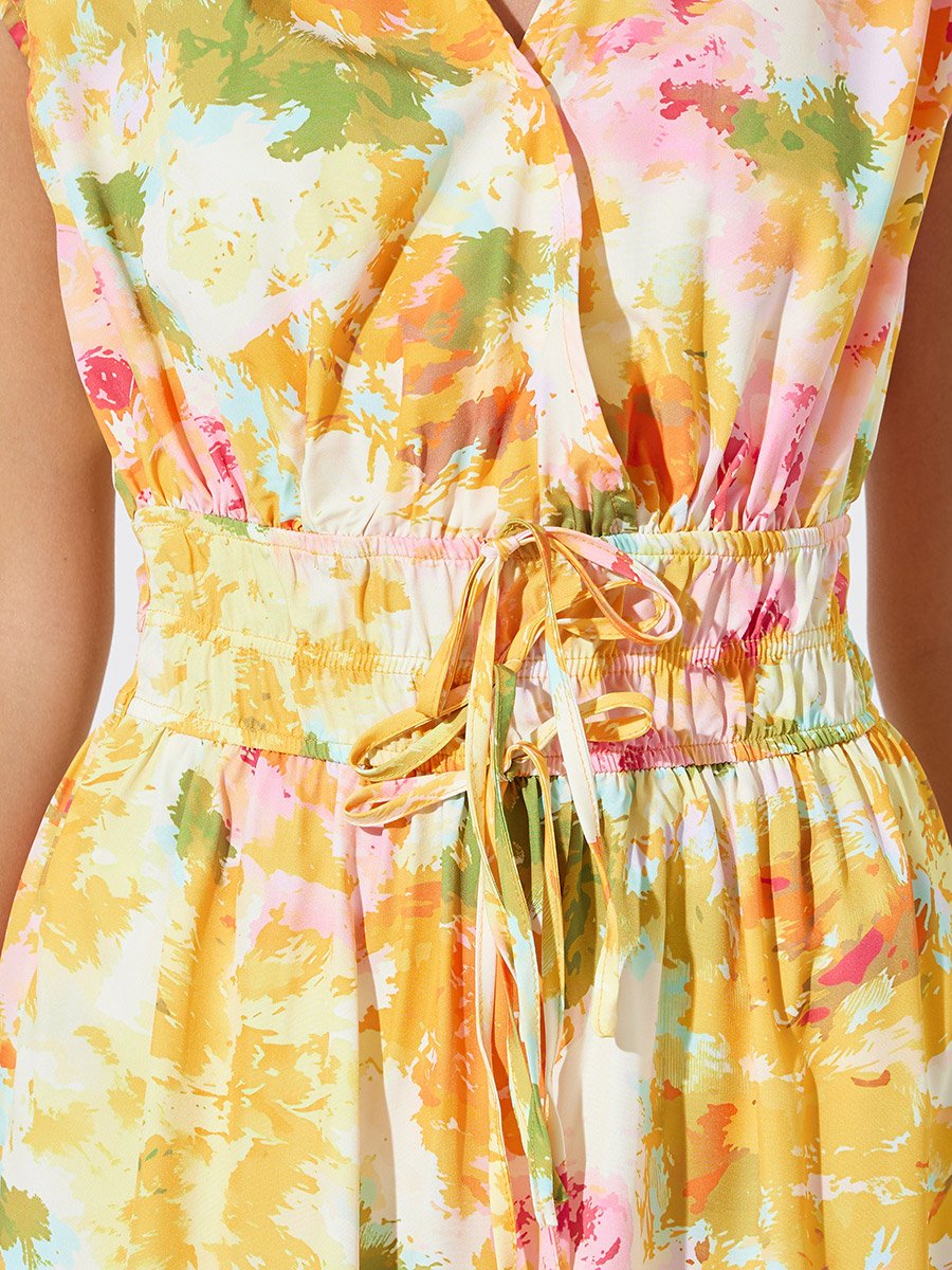 Multi-Color Floral A-Line Midi Dress with Short Sleeves
