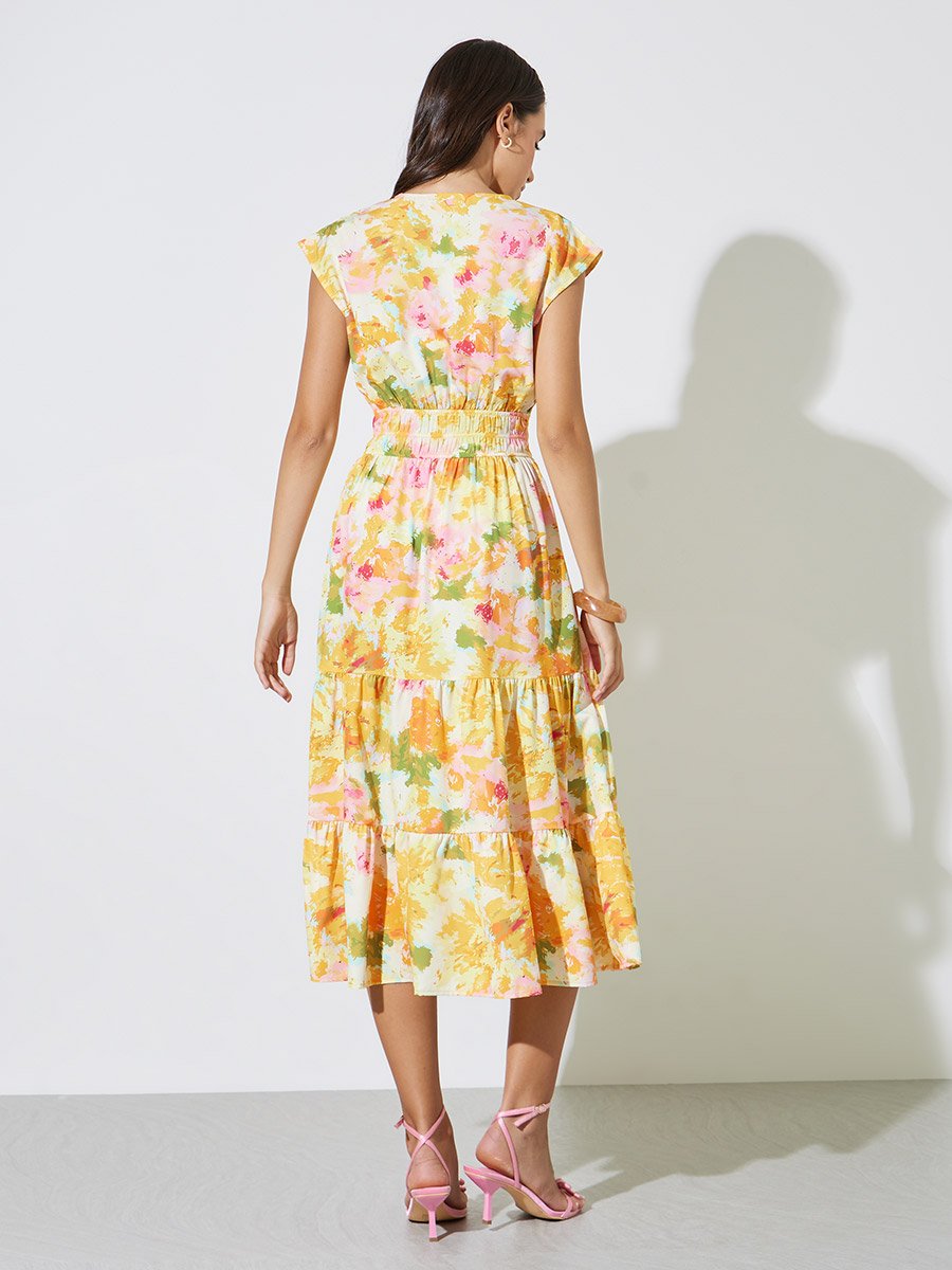 Multi-Color Floral A-Line Midi Dress with Short Sleeves