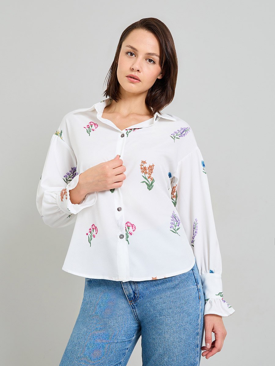 Floral Embroidered White Shirt
