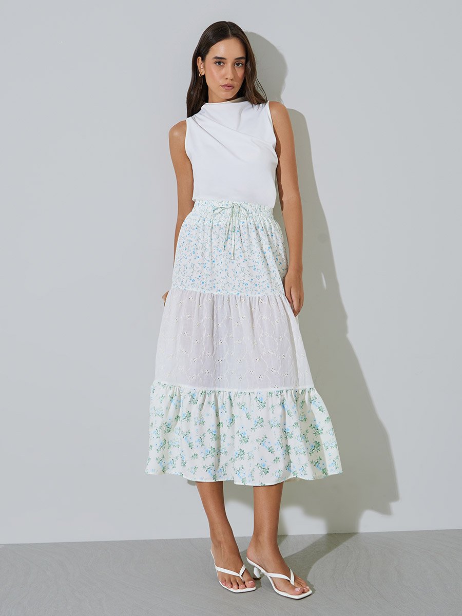 Floral Tiered Eyelet Midi Skirt