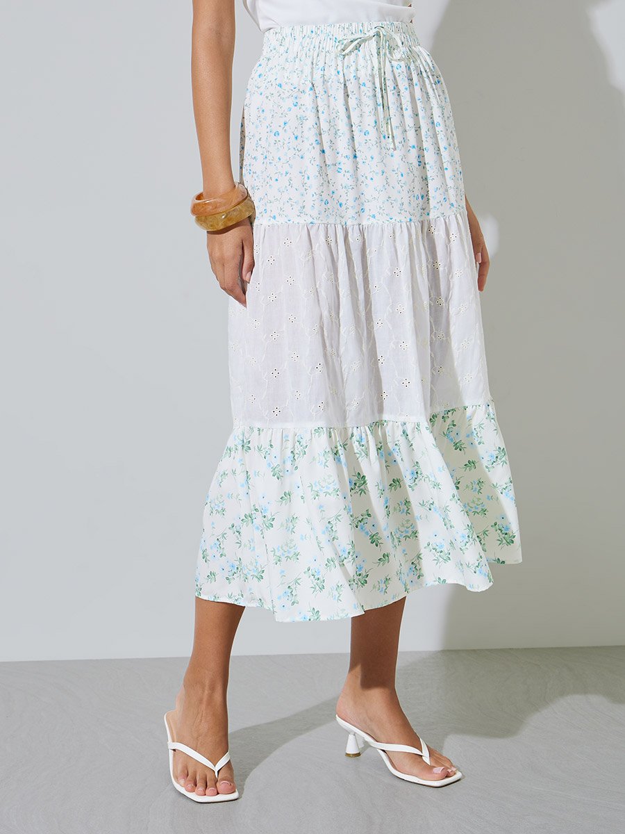 Floral Tiered Eyelet Midi Skirt