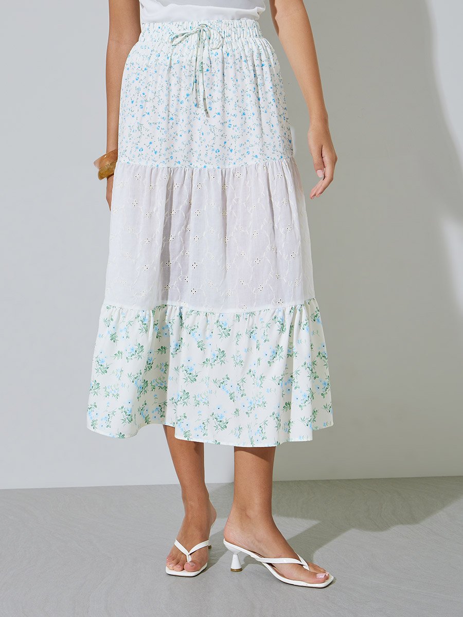 Floral Tiered Eyelet Midi Skirt