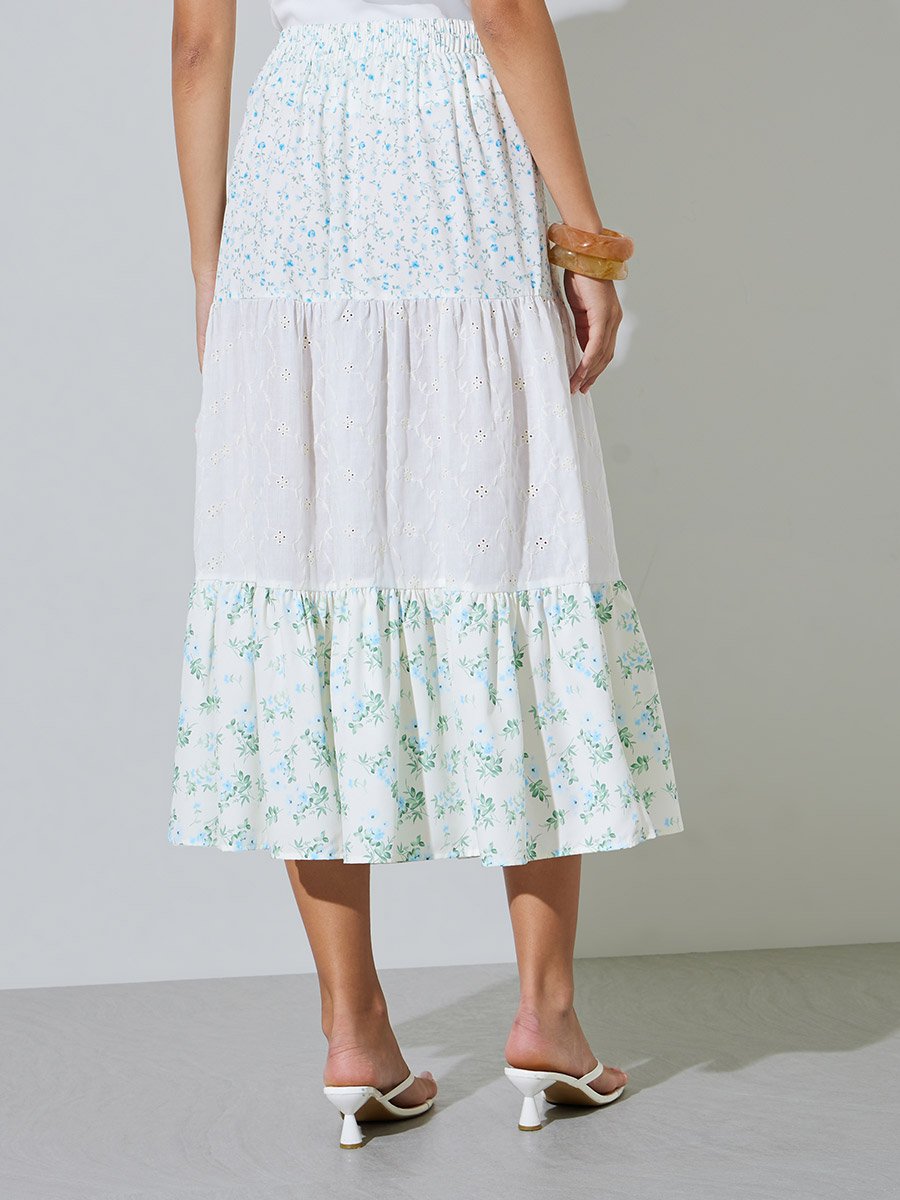 Floral Tiered Eyelet Midi Skirt