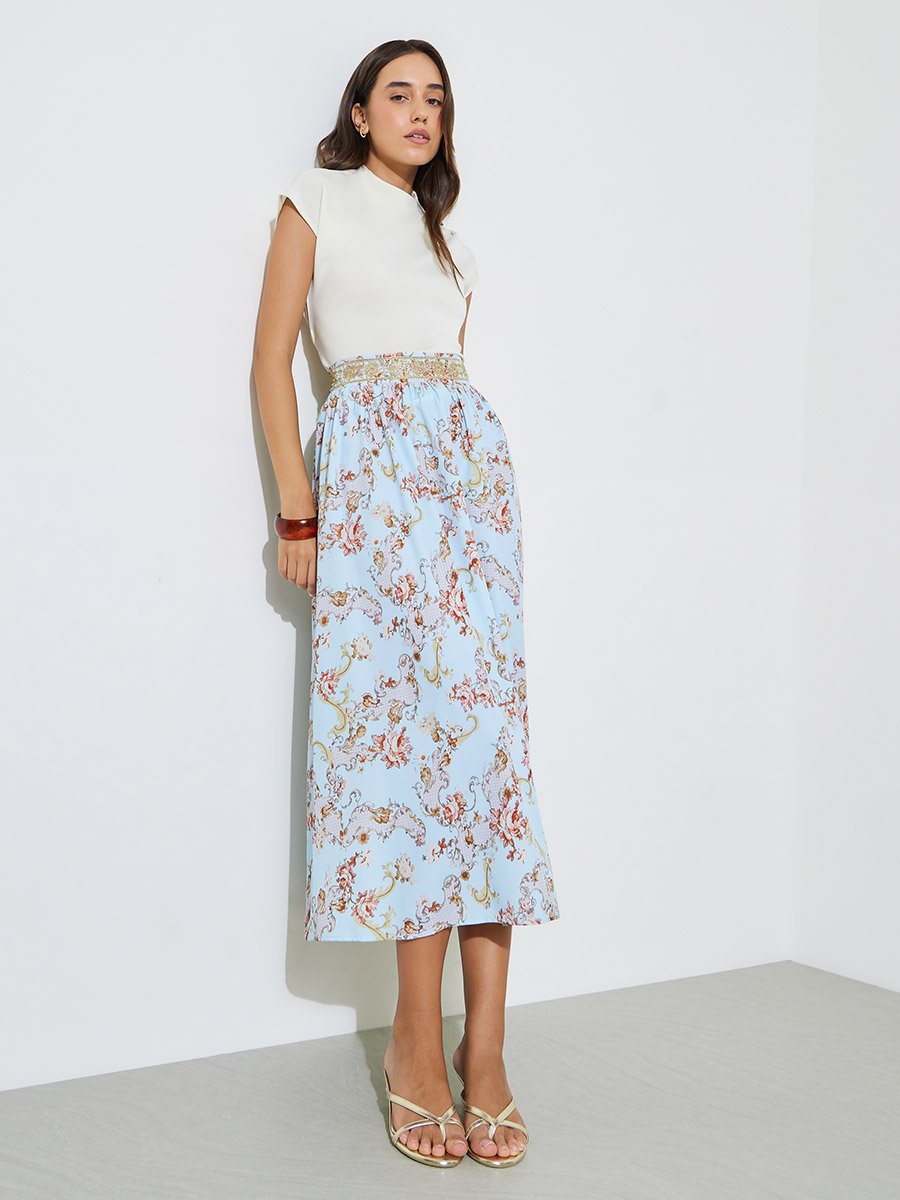 Floral Print Midi Skirt with Elasticated Waist