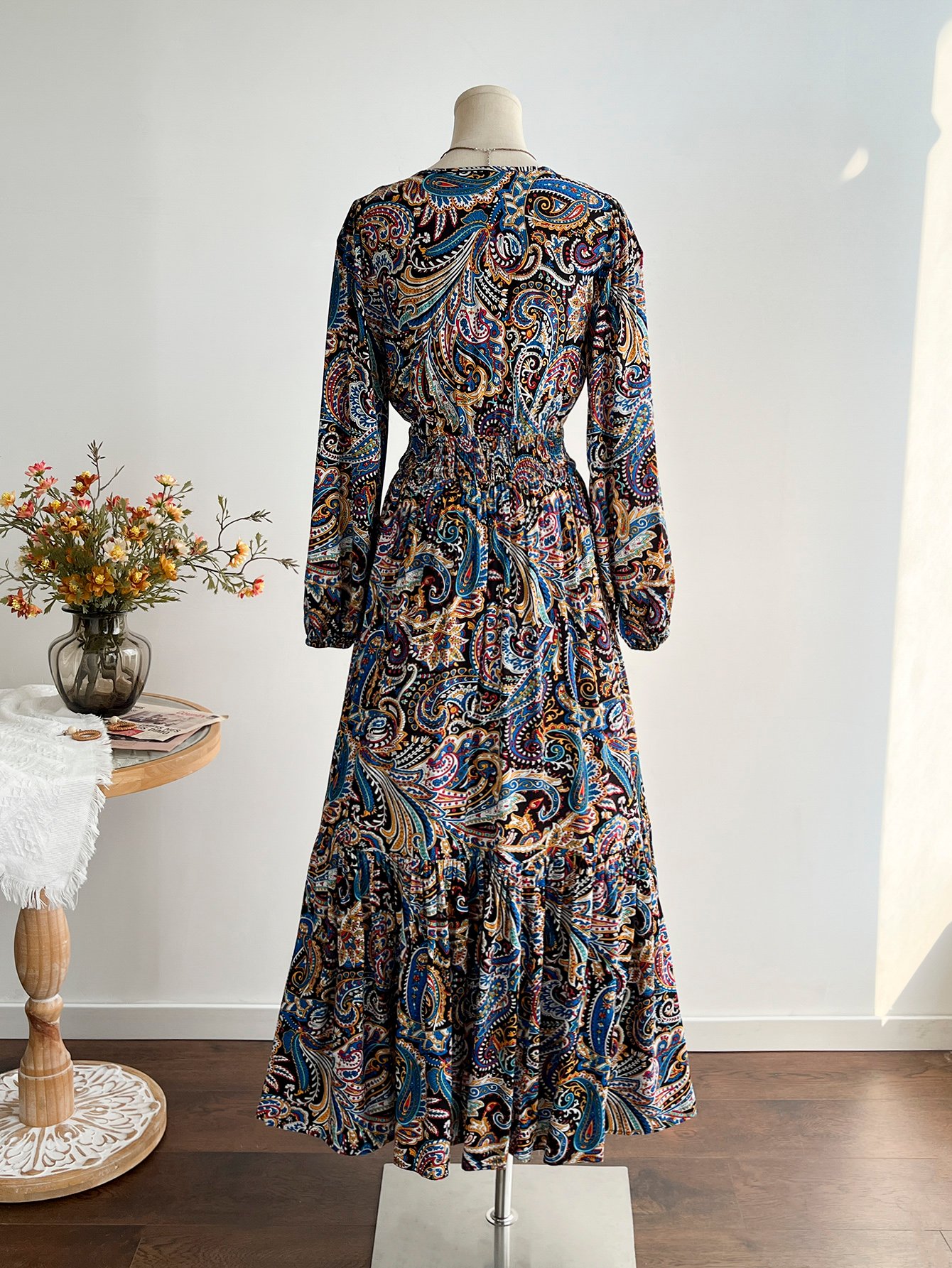 Paisley Print Maxi A-Line Dress with Long Sleeves