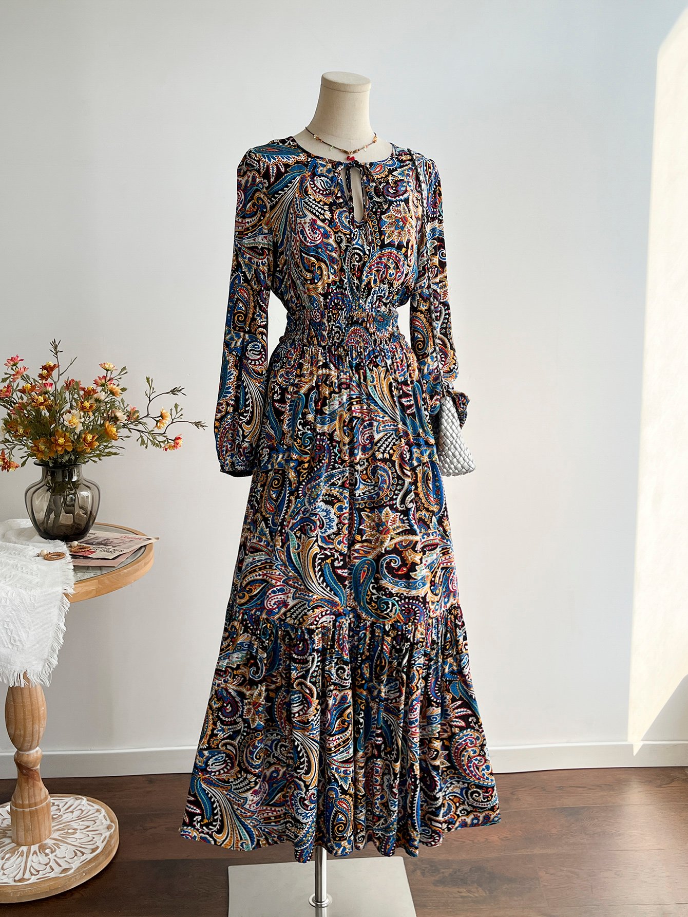 Paisley Print Maxi A-Line Dress with Long Sleeves