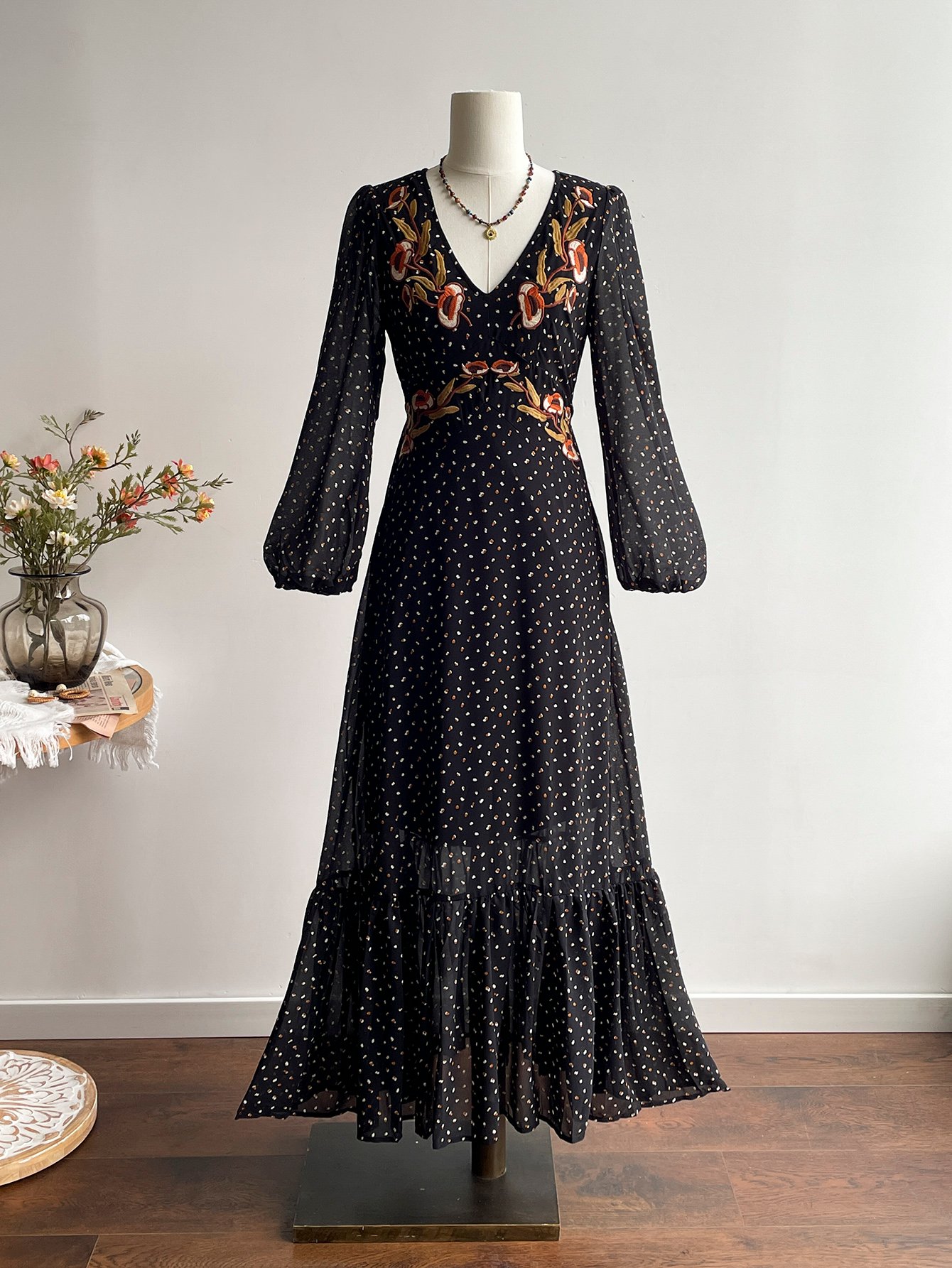 Black Embroidered A-Line Maxi Dress with Long Sleeves