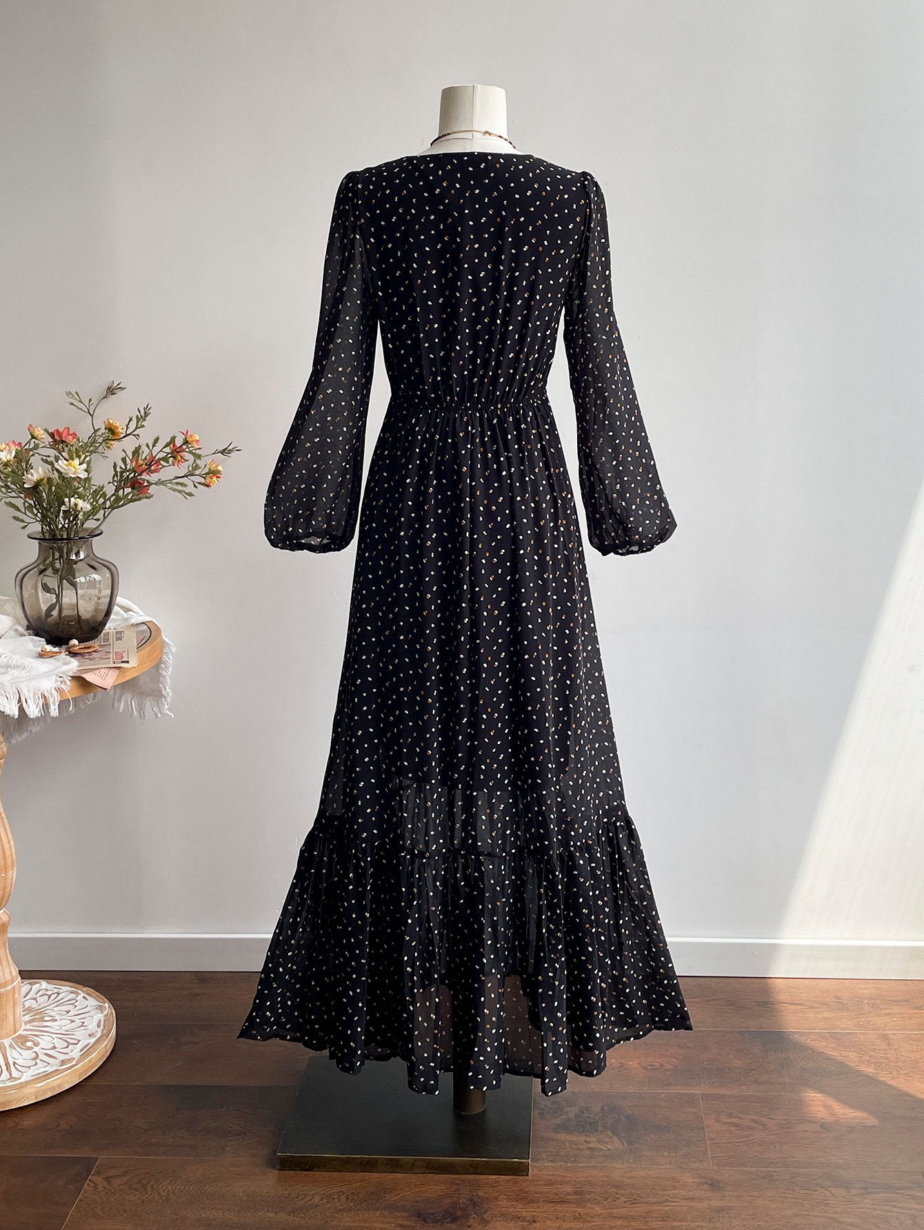 Black Embroidered A-Line Maxi Dress with Long Sleeves