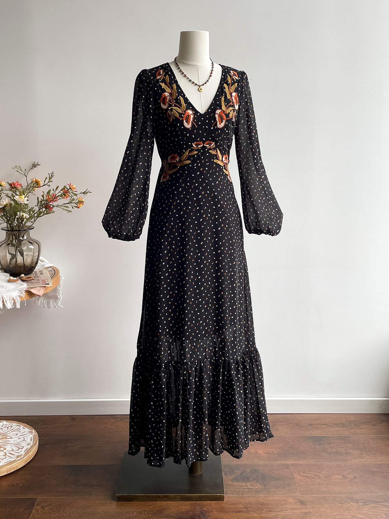 Black Embroidered A-Line Maxi Dress with Long Sleeves