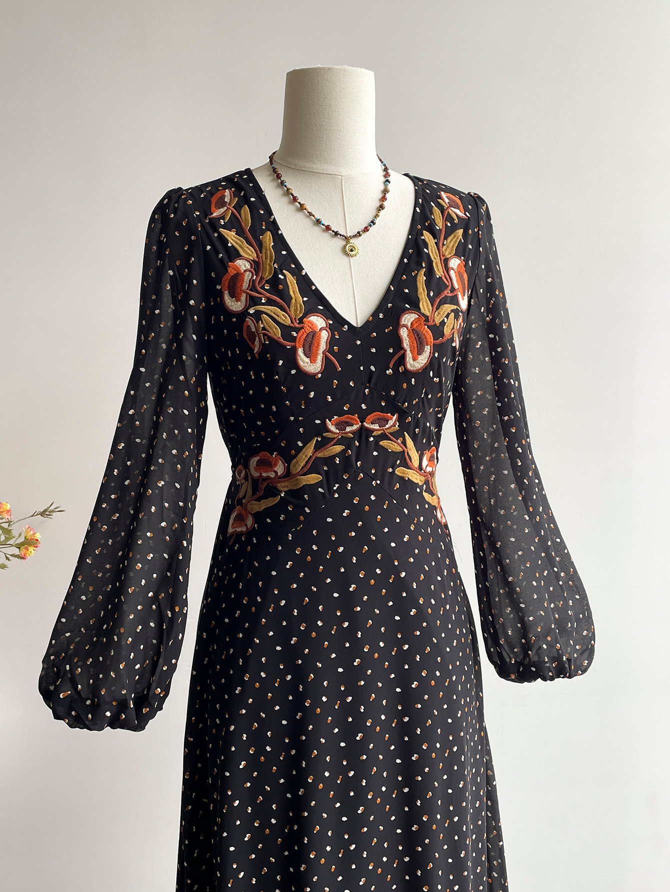 Black Embroidered A-Line Maxi Dress with Long Sleeves