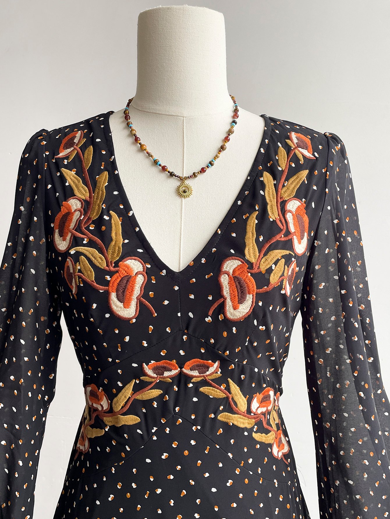 Black Embroidered A-Line Maxi Dress with Long Sleeves