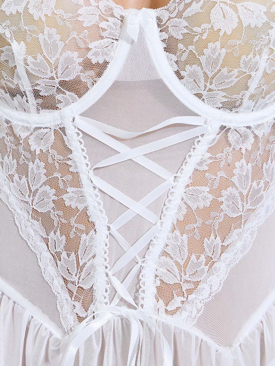 White Floral Lace Mesh Underwired Babydoll with Brief and Garters